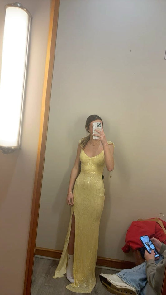Shiny Mermaid V Neck Pastel Yellow Satin Sequin Slit Long Prom Dress,Evening Dress GG2149