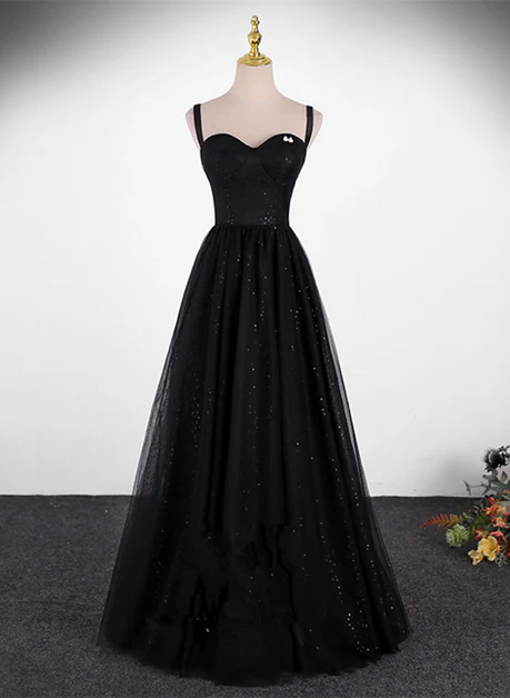Delicate Black A Line Sweetheart Straps Sequin Tulle Simple Long Prom Dress,  Evening Dresses GG214