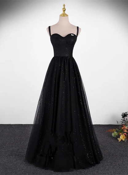 Delicate Black A Line Sweetheart Straps Sequin Tulle Simple Long Prom Dress,  Evening Dresses GG214