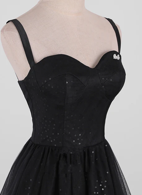 Delicate Black A Line Sweetheart Straps Sequin Tulle Simple Long Prom Dress,  Evening Dresses GG214
