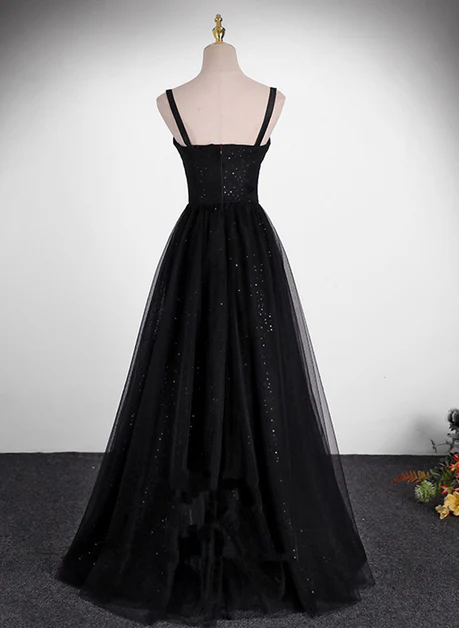 Delicate Black A Line Sweetheart Straps Sequin Tulle Simple Long Prom Dress,  Evening Dresses GG214