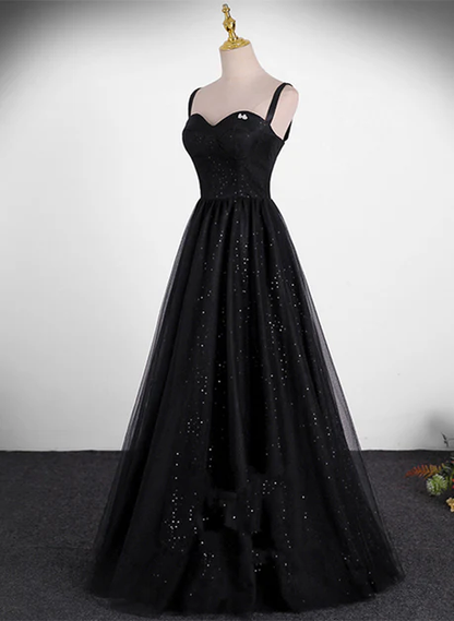 Delicate Black A Line Sweetheart Straps Sequin Tulle Simple Long Prom Dress,  Evening Dresses GG214