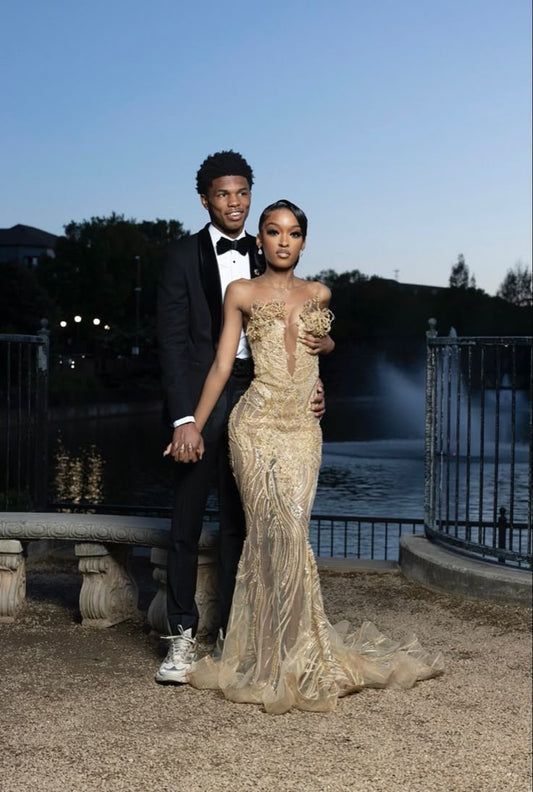 Gorgeous Mermaid Strapless Gold Tulle Beaded Long Prom Dress,Evening Dress GG2155