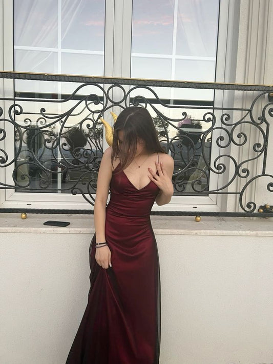 Classy Mermaid Halter Strap Burgundy Satin Tulle Long Prom Dress,Evening Dress GG2157