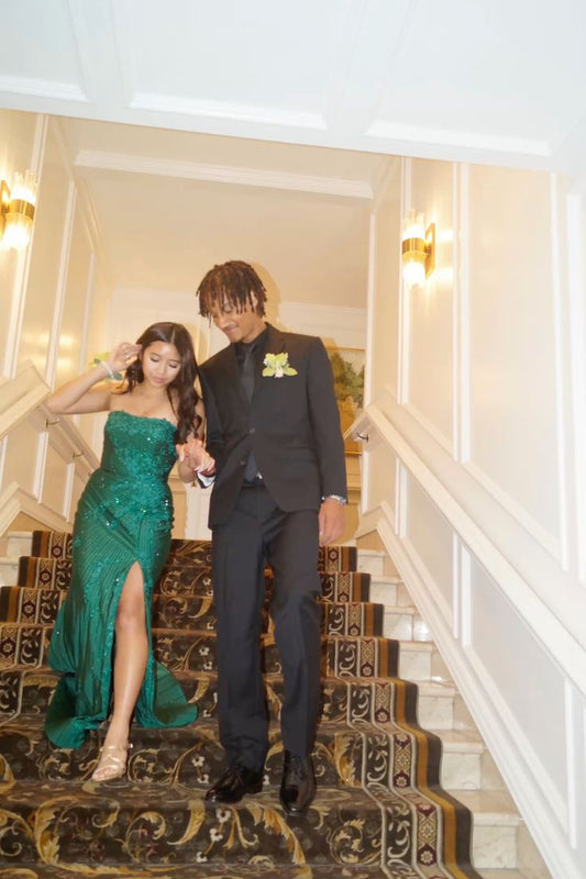 Unique Mermaid Strapless Dark Green Satin Applique Beaded Slit Long Prom Dress,Evening Dress GG2158