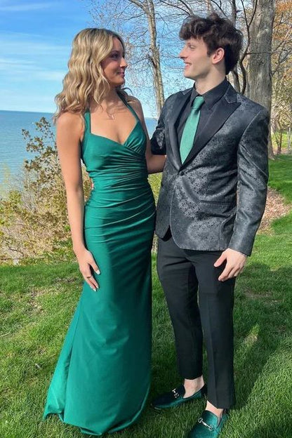 Elegant Mermaid Halter Dark Green Satin Pleated Long Prom Dress,Evening Dress GG2159