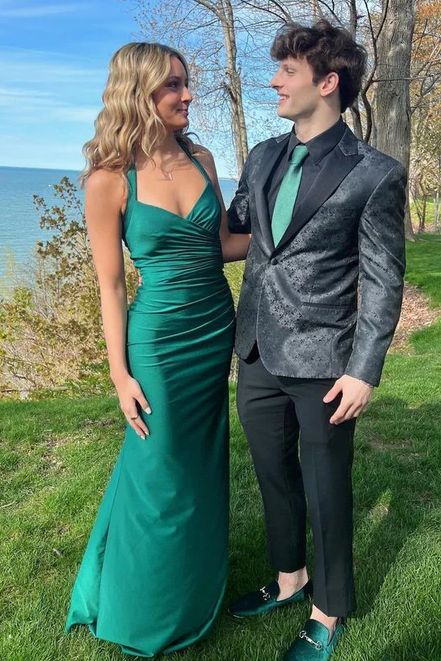 Elegant Mermaid Halter Dark Green Satin Pleated Long Prom Dress,Evening Dress GG2159