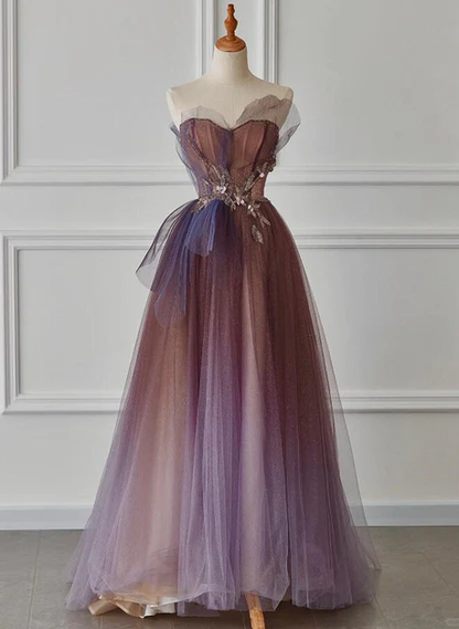 Delicate A Line Strapless Sweetheart Purple Gradient Tulle Beaded Long Prom Dress,  Evening Dresses GG215