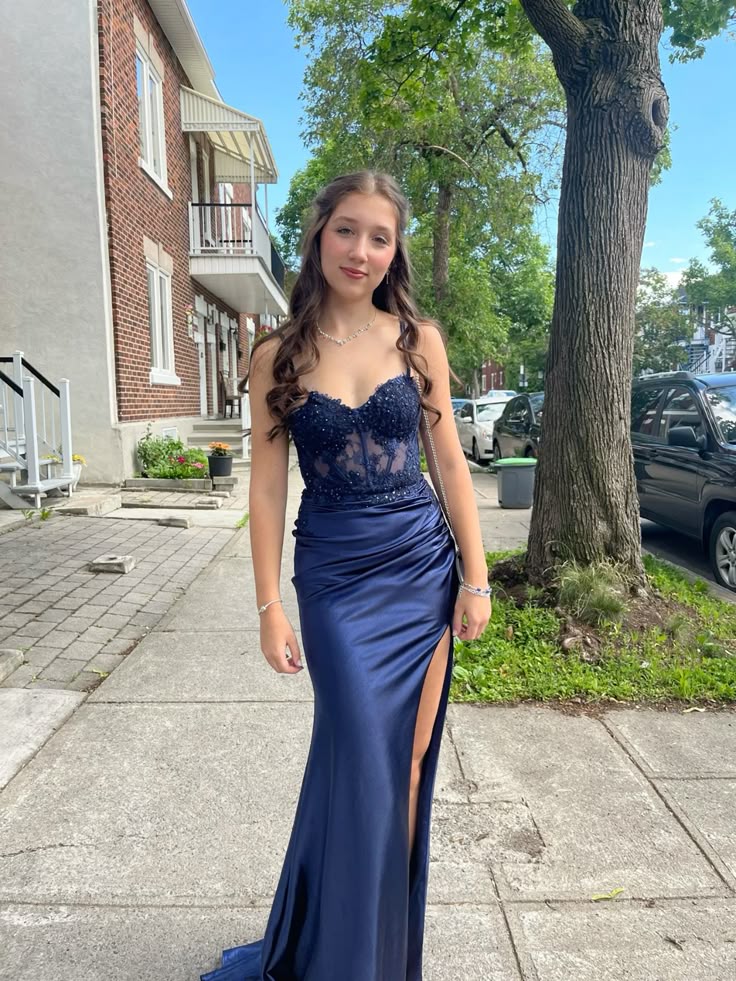 Classy Mermaid Spaghetti Straps Navy Satin Beaded Slit Long Prom Dress,Party Dress,Evening Dress GG2160