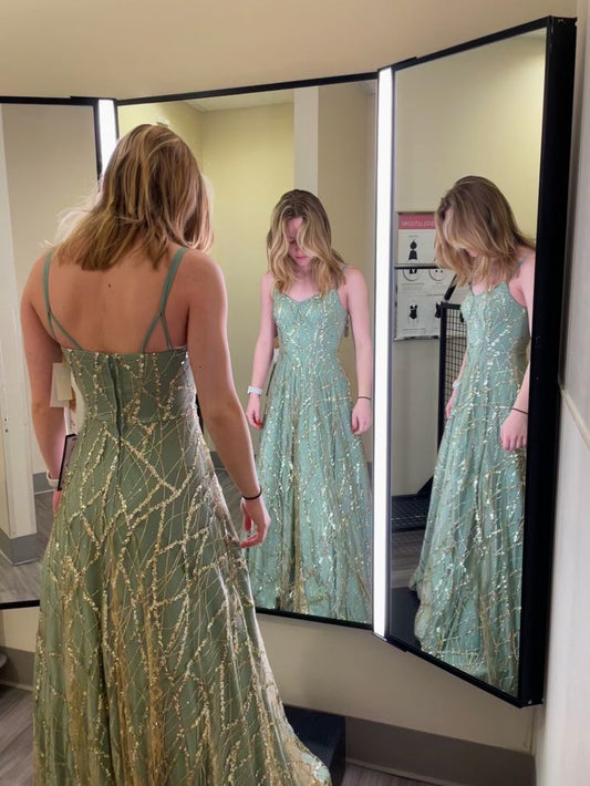 Unique A Line Spaghetti Straps Satin Tulle Sequin Long Prom Dress,Party Dress,Evening Dress GG2164