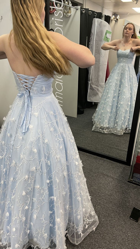 Elegant A Line Strapless Pale Blue Satin Tulle Applique Long Prom Dress,Party Dress,Evening Dress GG2167