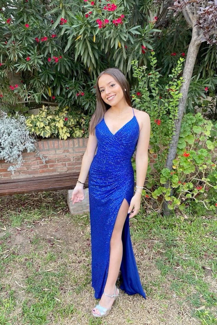 Gorgeous Mermaid Halter Strap Royal Blue Satin Sequin Slit Long Prom Dress,Party Dress,Evening Dress GG2169