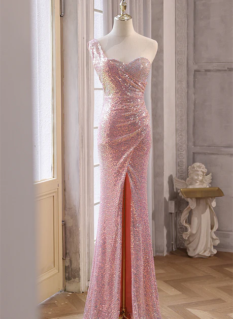 Delicate  Mermaid One Shoulder Sweetheart Pink Sequins Split Long Prom Dress, Evening Dresses GG216