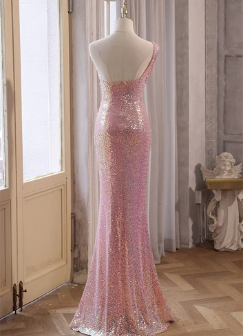 Delicate  Mermaid One Shoulder Sweetheart Pink Sequins Split Long Prom Dress, Evening Dresses GG216
