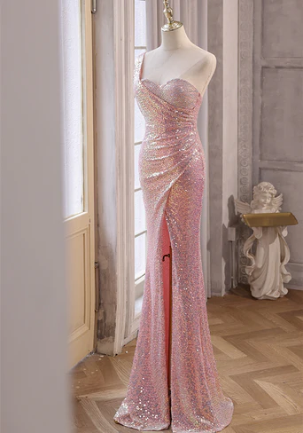 Delicate  Mermaid One Shoulder Sweetheart Pink Sequins Split Long Prom Dress, Evening Dresses GG216