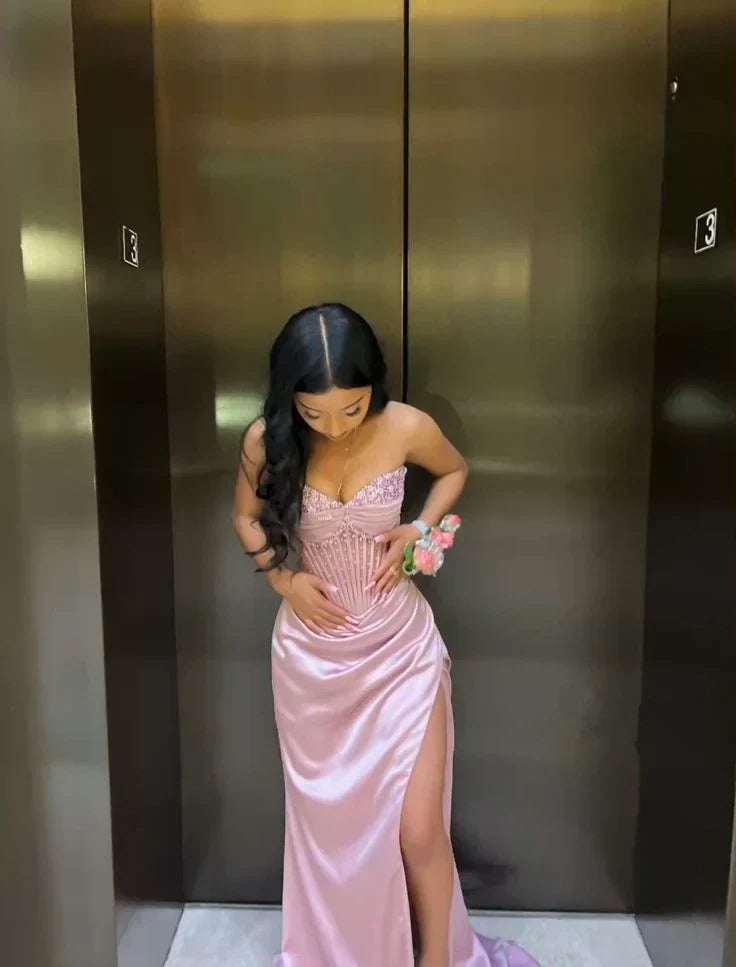 Gorgeous Mermaid Strapless Satin Pleated Beaded Slit Long Prom Dress,Party Dress,Evening Dress GG2171