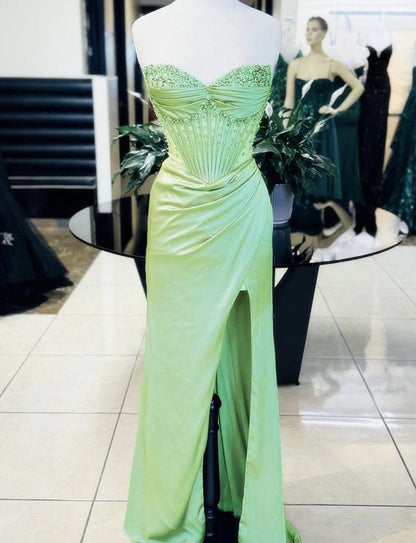 Gorgeous Mermaid Strapless Satin Pleated Beaded Slit Long Prom Dress,Party Dress,Evening Dress GG2171
