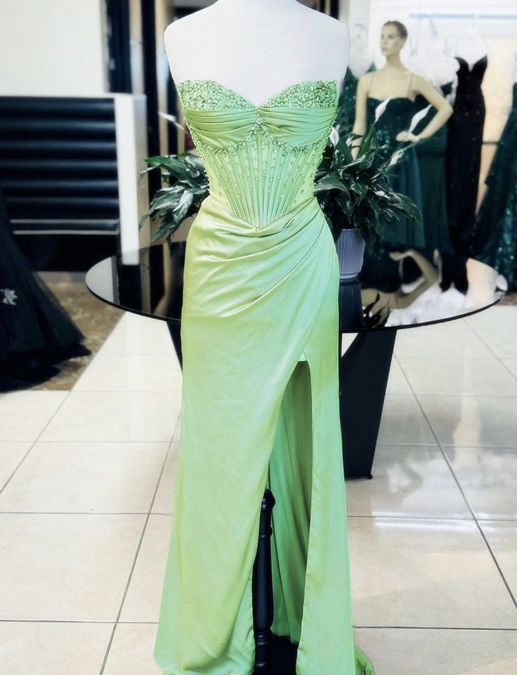 Gorgeous Mermaid Strapless Satin Pleated Beaded Slit Long Prom Dress,Party Dress,Evening Dress GG2171