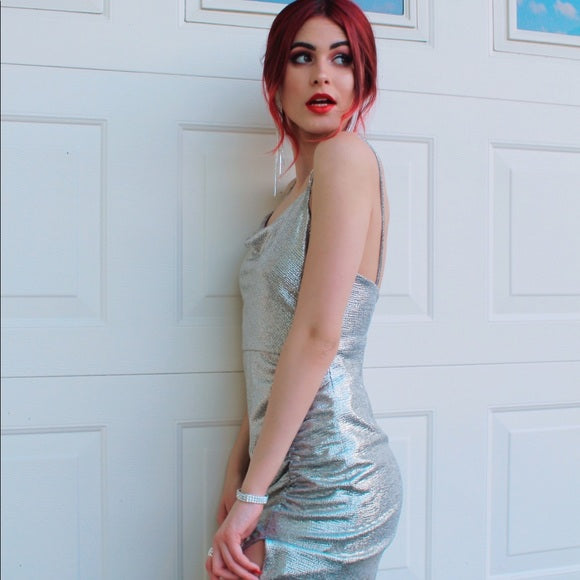 Glitter Mermaid Spaghetti Straps Silver Satin Pleated Slit Long Prom Dress,Party Dress,Evening Dress GG2172