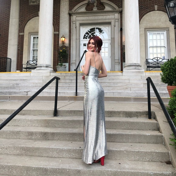 Glitter Mermaid Spaghetti Straps Silver Satin Pleated Slit Long Prom Dress,Party Dress,Evening Dress GG2172