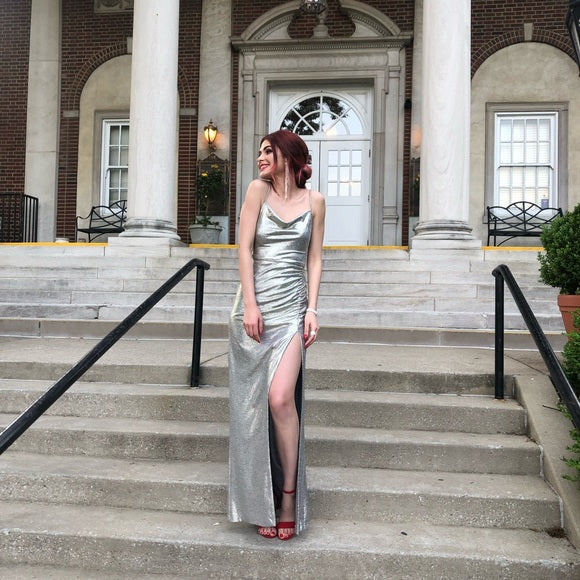 Glitter Mermaid Spaghetti Straps Silver Satin Pleated Slit Long Prom Dress,Party Dress,Evening Dress GG2172