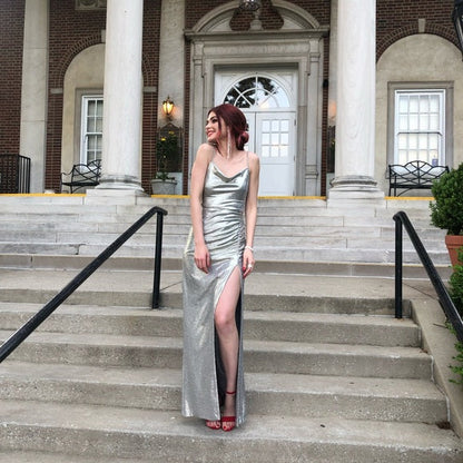 Glitter Mermaid Spaghetti Straps Silver Satin Pleated Slit Long Prom Dress,Party Dress,Evening Dress GG2172