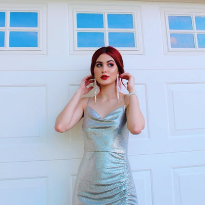 Glitter Mermaid Spaghetti Straps Silver Satin Pleated Slit Long Prom Dress,Party Dress,Evening Dress GG2172