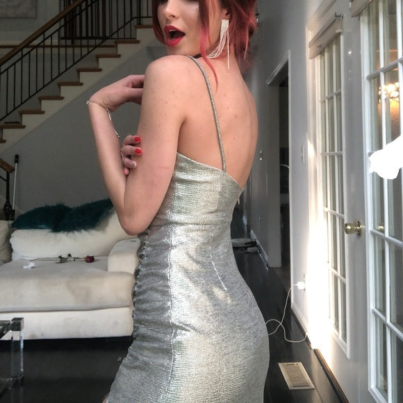 Glitter Mermaid Spaghetti Straps Silver Satin Pleated Slit Long Prom Dress,Party Dress,Evening Dress GG2172