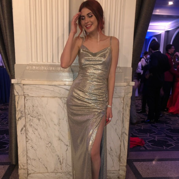 Glitter Mermaid Spaghetti Straps Silver Satin Pleated Slit Long Prom Dress,Party Dress,Evening Dress GG2172