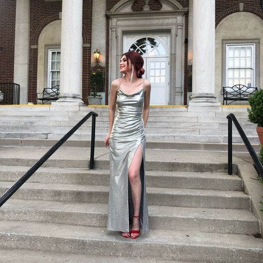 Glitter Mermaid Spaghetti Straps Silver Satin Pleated Slit Long Prom Dress,Party Dress,Evening Dress GG2172