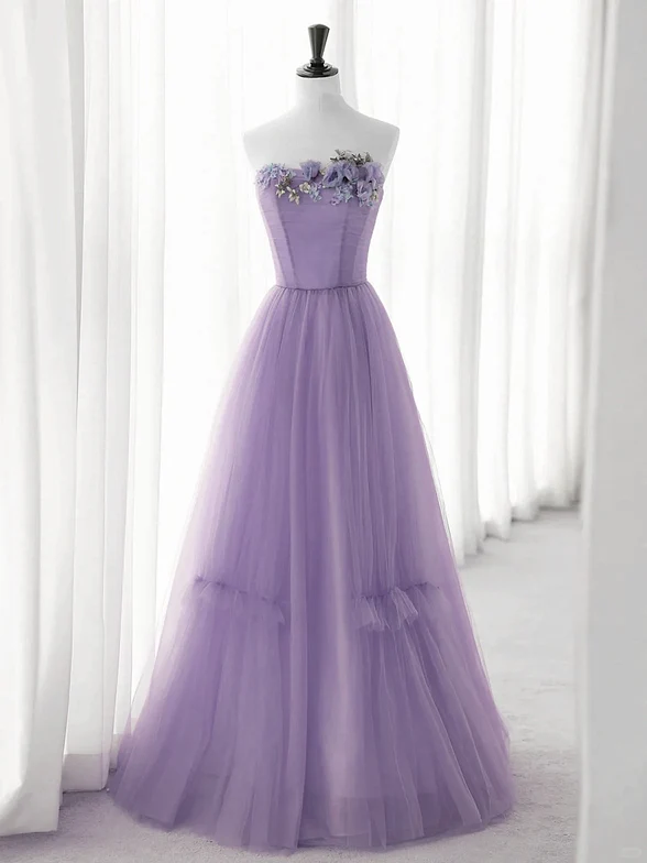 ELegant A Line Strapless Light Purple Tulle With Flowers Long Prom Dress,Evening Dress GG317