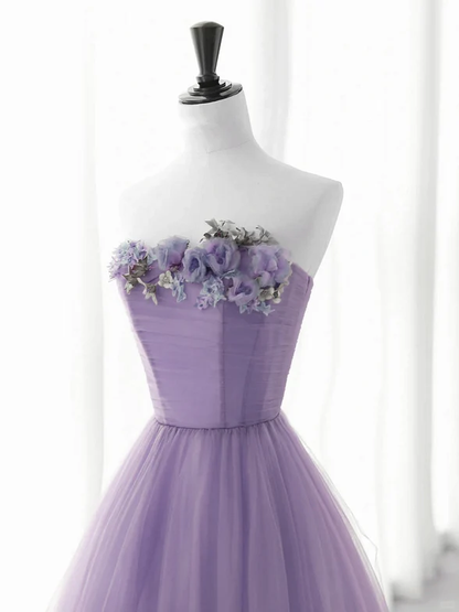 ELegant A Line Strapless Light Purple Tulle With Flowers Long Prom Dress,Evening Dress GG317