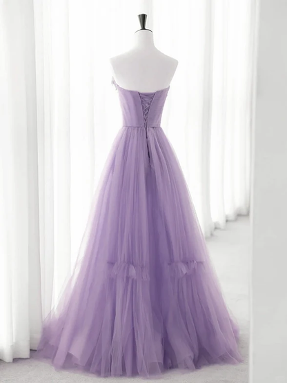 ELegant A Line Strapless Light Purple Tulle With Flowers Long Prom Dress,Evening Dress GG317