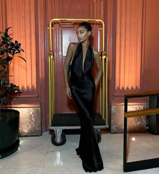 Sexy Mermaid Halter V Neck Black Satin Long Prom Dress,Party Dress,Evening Dress GG2184