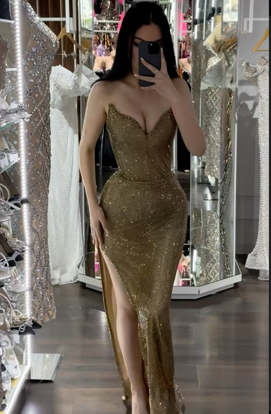 Sexy Mermaid Strapless Gold Satin Slit Long Prom Dress,Party Dress,Evening Dress GG2190