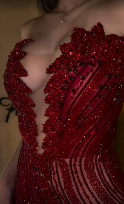 Gorgeous Mermaid Strapless Red Tulle Beaded High Low Long Prom Dress,Party Dress,Evening Dress GG2191