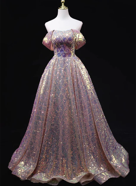 Glitter Pink A Line Off The Shoulder Strapless Sequins Long Prom Dress, Evening Dresses GG219