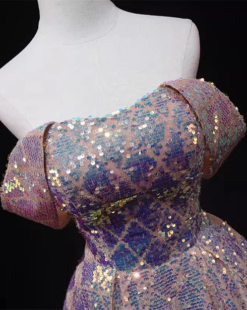 Glitter Pink A Line Off The Shoulder Strapless Sequins Long Prom Dress, Evening Dresses GG219