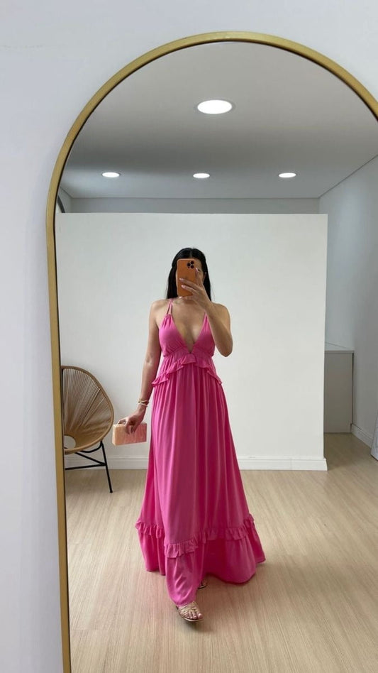 Sexy A Line Halter V Neck Hot Pink Satin Long Prom Dress,Party Dress,Evening Dress GG2203