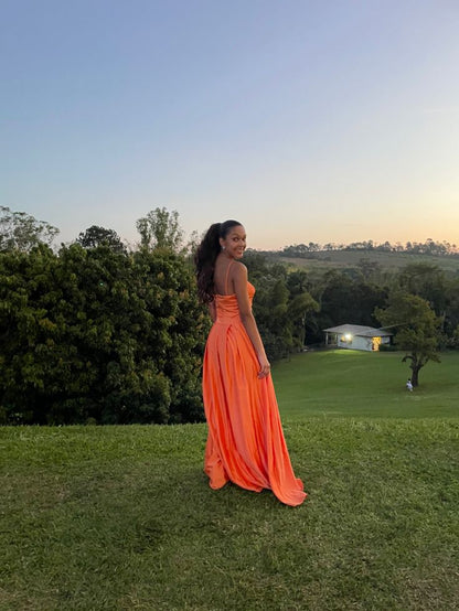 Elegant A Line Spaghetti Straps Orange Satin Long Prom Dress,Party Dress,Evening Dress GG2207