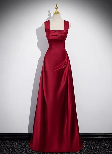 Elegant A Line Square Wine Red Straps Satin Long Prom Dress,Evening Dresses GG220