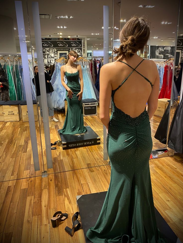 Gorgeous Mermaid Spaghetti Straps Dark Green Satin Beaded Long Prom Dress,Party Dress,Evening Dress GG2210