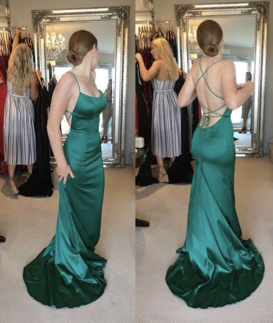 Sexy Mermaid Spaghetti Straps Dark Green Satin Long Prom Dress,Party Dress,Evening Dress GG2211
