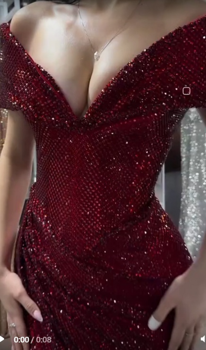 Sexy Mermaid Off The Shoulder Burgundy Satin Beaded Slit Long Prom Dress,Party Dress,Evening Dress GG2215