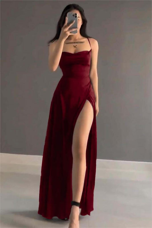 Simple A Line Halter Burgundy Satin Slit Long Prom Dress,Party Dress,Evening Dress GG2225