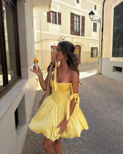Cute A Line Spaghetti Straps Yellow Satin Short Prom Dress,Homecoming Dress,Evening Dress GG2229