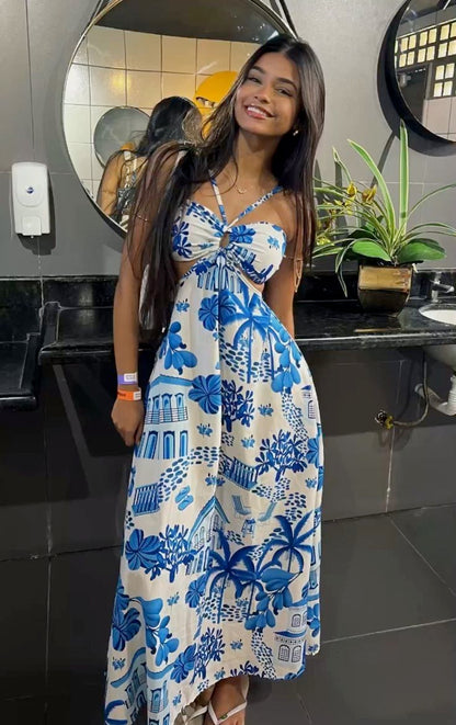 Classy A line Halter Satin Printing Long Prom Dress,Party Dress,Evening Dress GG2238