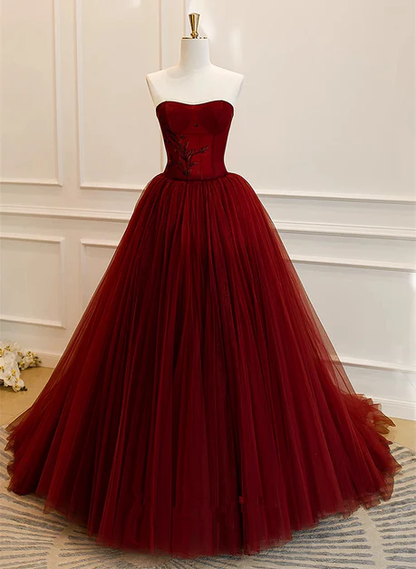 Elegant A Line Sweetheart Wine Red Embroidery Tulle Long Prom Dresses,Evening Dresses GG223