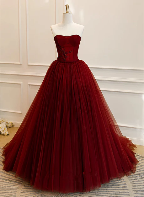 Elegant A Line Sweetheart Wine Red Embroidery Tulle Long Prom Dresses,Evening Dresses GG223