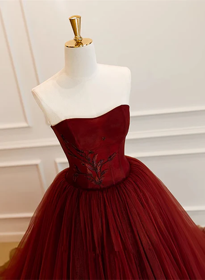 Elegant A Line Sweetheart Wine Red Embroidery Tulle Long Prom Dresses,Evening Dresses GG223